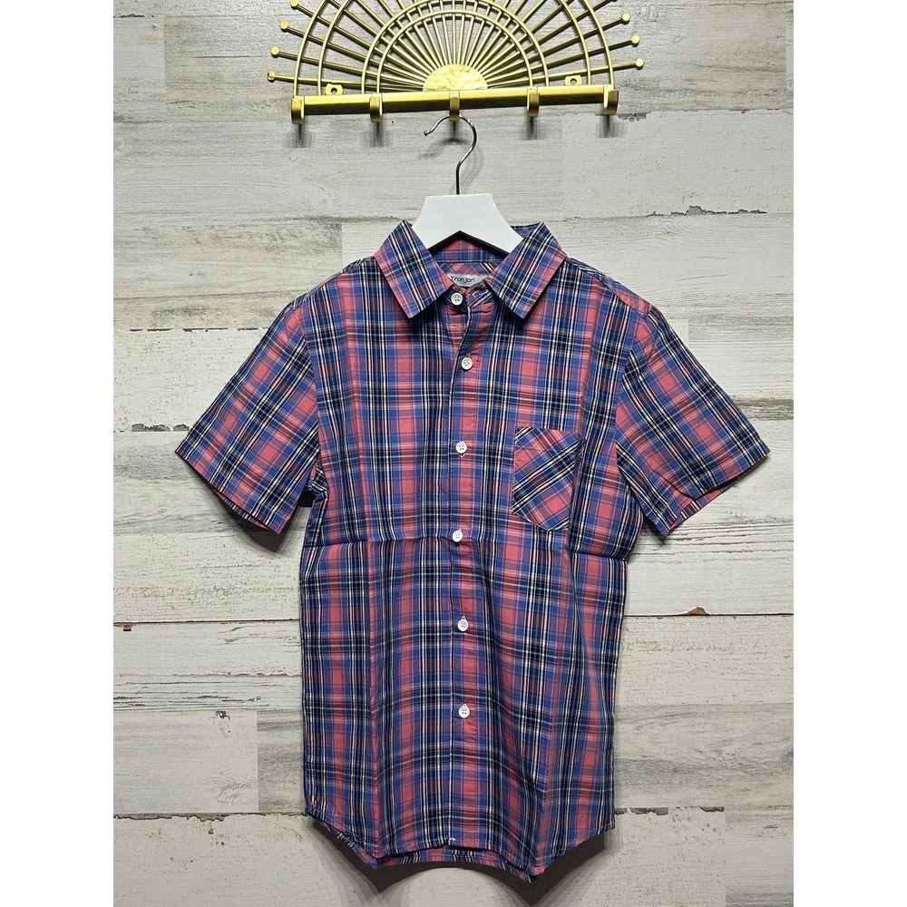 Tronjori Plaid Shirt Boys Size 10 Pink Navy Blue Short Sleeve Button Down NWT